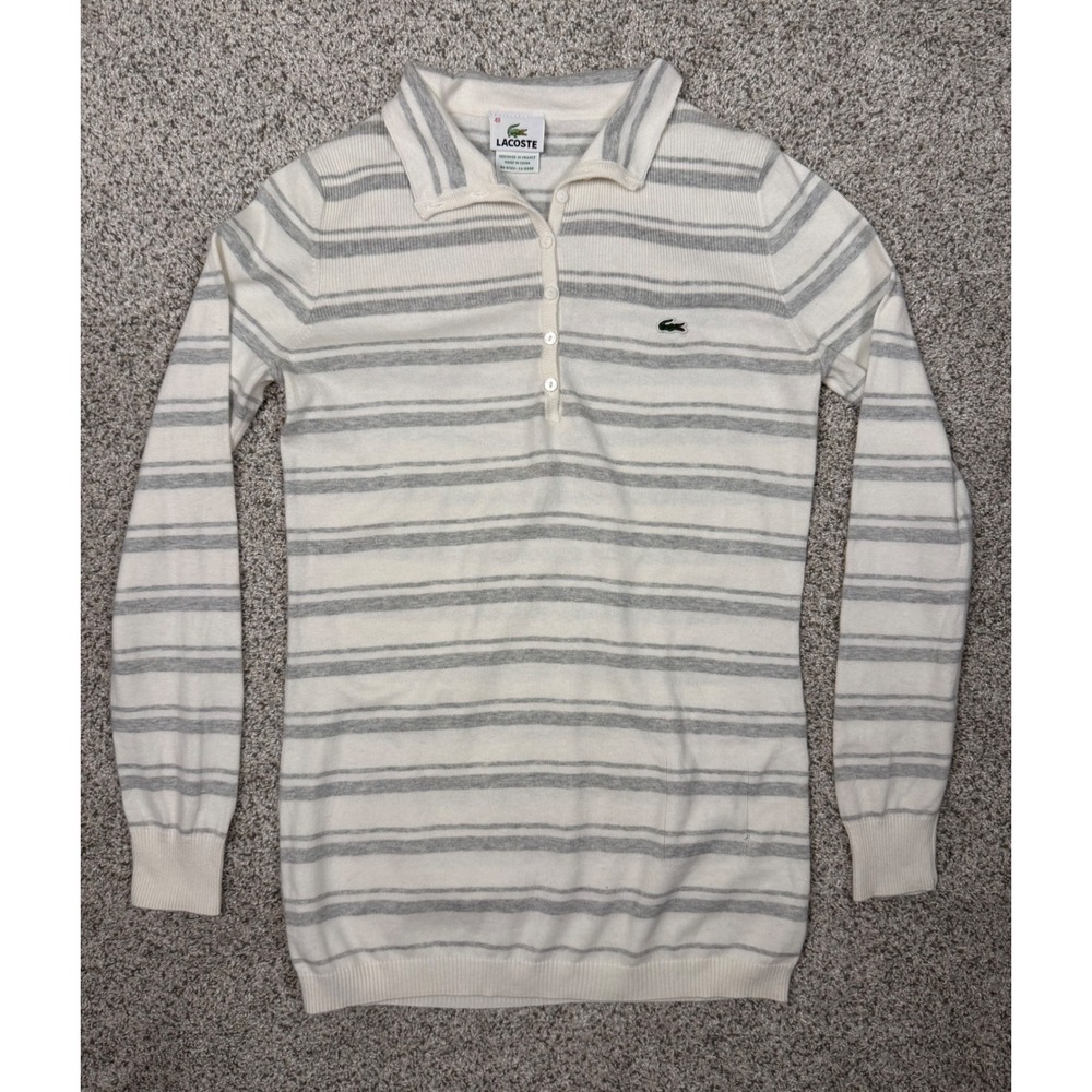 Lacoste Sweater Striped 40 Medium White Gray Polo Long Sleeve Lightweight